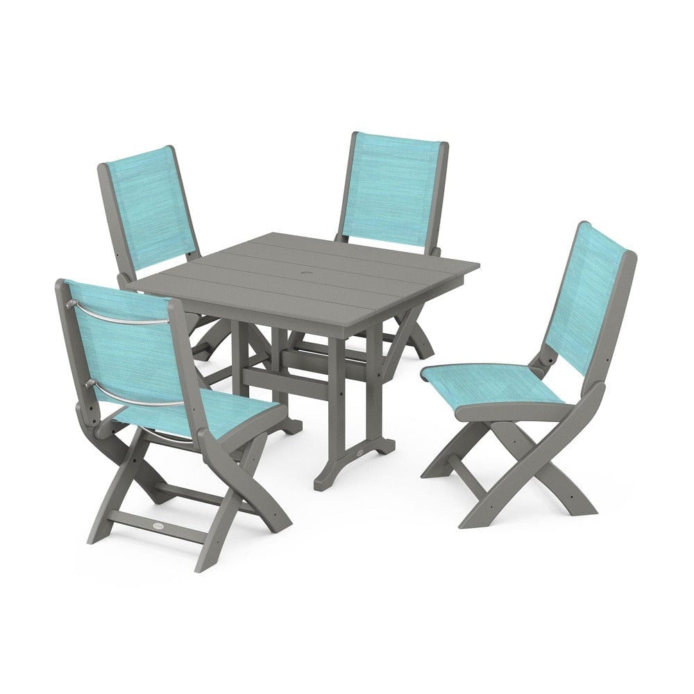 POLYWOOD® Outdoor Furniture Slate Grey / Dupioni Aquamarine Sling POLYWOOD® - Coastal Folding Side Chair 5-Piece Farmhouse Dining Set - PWS1143