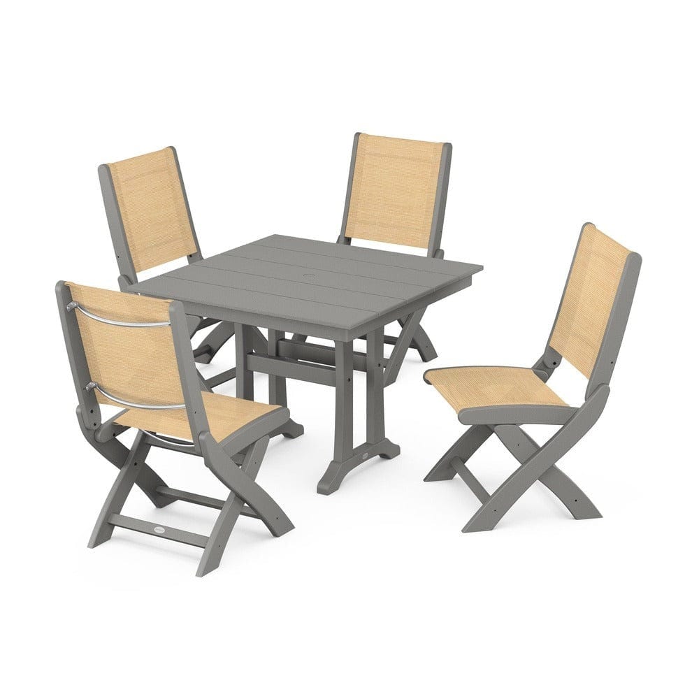 POLYWOOD® Outdoor Furniture Slate Grey / Dupioni Apricot Sling POLYWOOD® - Coastal Folding Side Chair 5-Piece Farmhouse Dining Set With Trestle Legs - PWS946