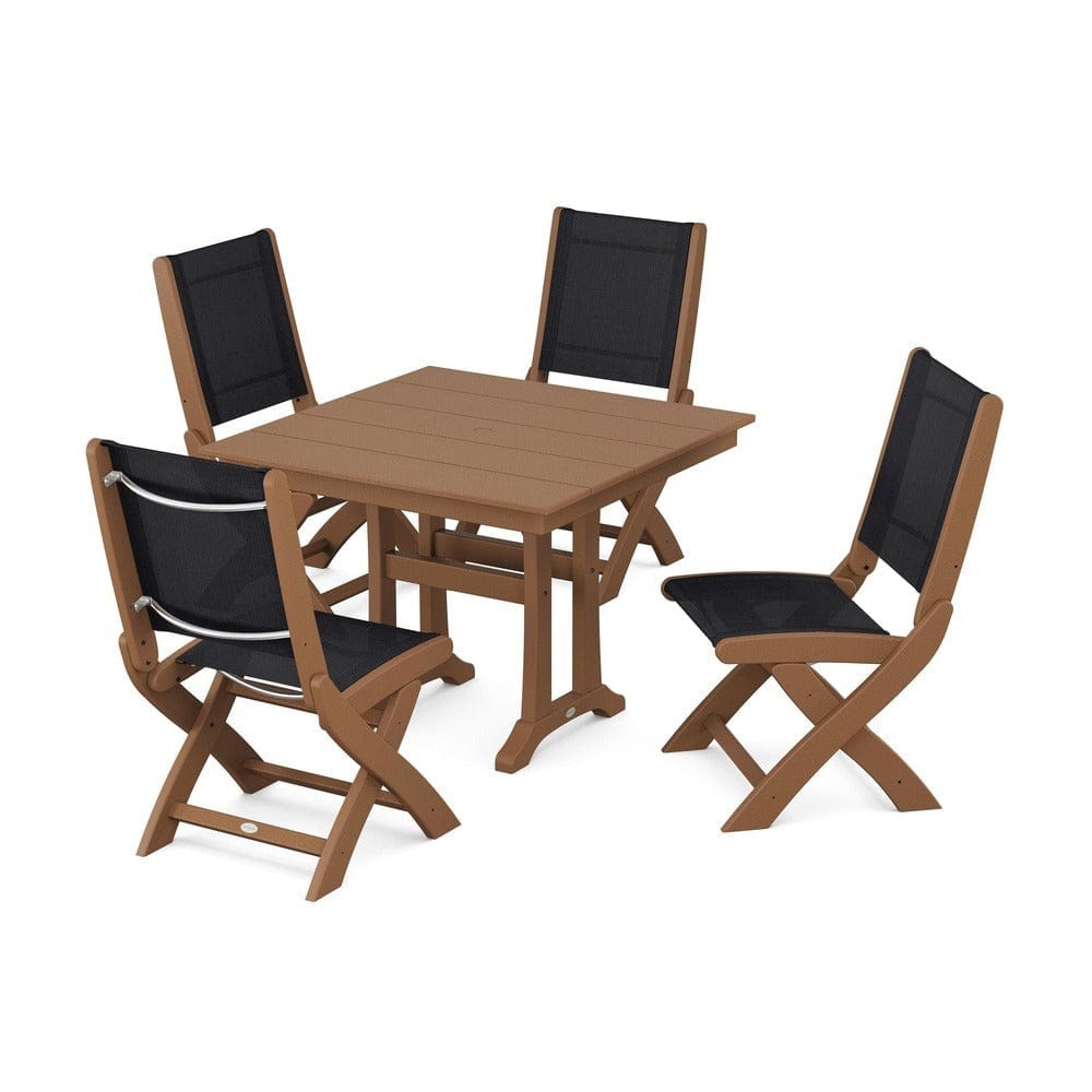 POLYWOOD® Outdoor Furniture Teak / Black Sling POLYWOOD® - Coastal Folding Side Chair 5-Piece Farmhouse Dining Set With Trestle Legs - PWS946