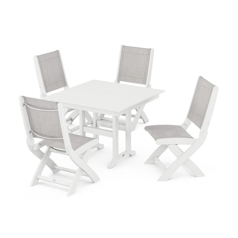 POLYWOOD® Outdoor Furniture White / Parchment Sling POLYWOOD® - Coastal Folding Side Chair 5-Piece Farmhouse Dining Set - PWS1143