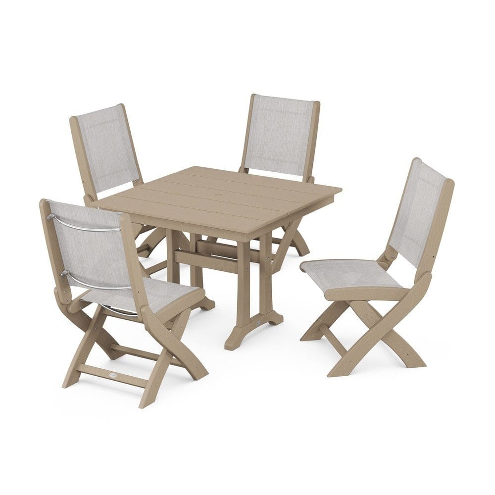 POLYWOOD® Outdoor Furniture Vintage Sahara / Parchment Sling POLYWOOD® - Coastal Folding Side Chair 5-Piece Farmhouse Dining Set With Trestle Legs - PWS946