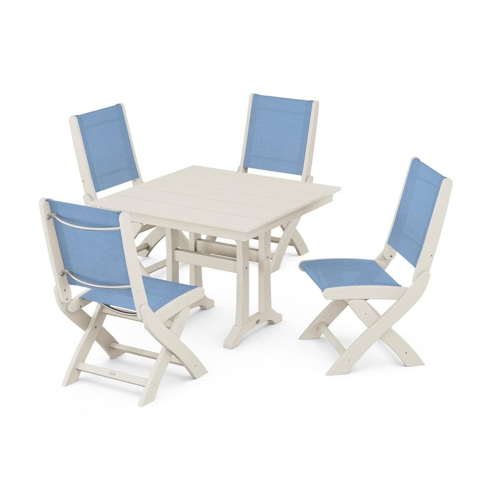 POLYWOOD® Outdoor Furniture Sand / Poolside Sling POLYWOOD® - Coastal Folding Side Chair 5-Piece Farmhouse Dining Set With Trestle Legs - PWS946