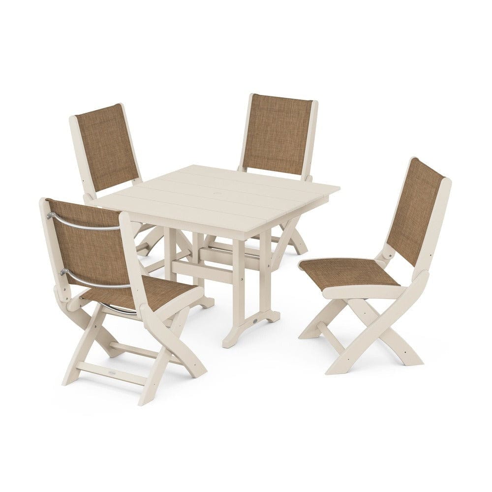 POLYWOOD® Outdoor Furniture Sand / Burlap Sling POLYWOOD® - Coastal Folding Side Chair 5-Piece Farmhouse Dining Set - PWS1143