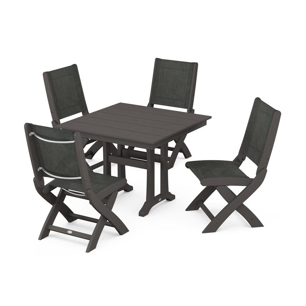 POLYWOOD® Outdoor Furniture Vintage Coffee / Ember Sling POLYWOOD® - Coastal Folding Side Chair 5-Piece Farmhouse Dining Set With Trestle Legs - PWS946