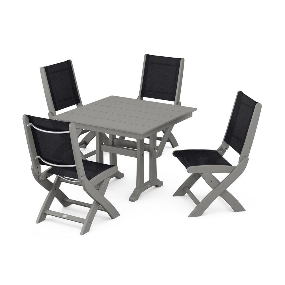 POLYWOOD® Outdoor Furniture Slate Grey / Black Sling POLYWOOD® - Coastal Folding Side Chair 5-Piece Farmhouse Dining Set With Trestle Legs - PWS946