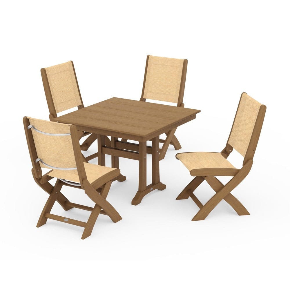 POLYWOOD® Outdoor Furniture POLYWOOD® - Coastal Folding Side Chair 5-Piece Farmhouse Dining Set With Trestle Legs - PWS946