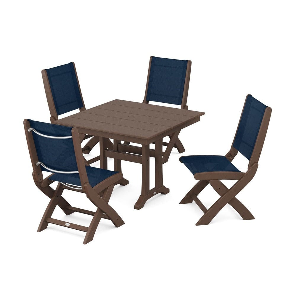 POLYWOOD® Outdoor Furniture Mahogany / Navy Blue Sling POLYWOOD® - Coastal Folding Side Chair 5-Piece Farmhouse Dining Set With Trestle Legs - PWS946