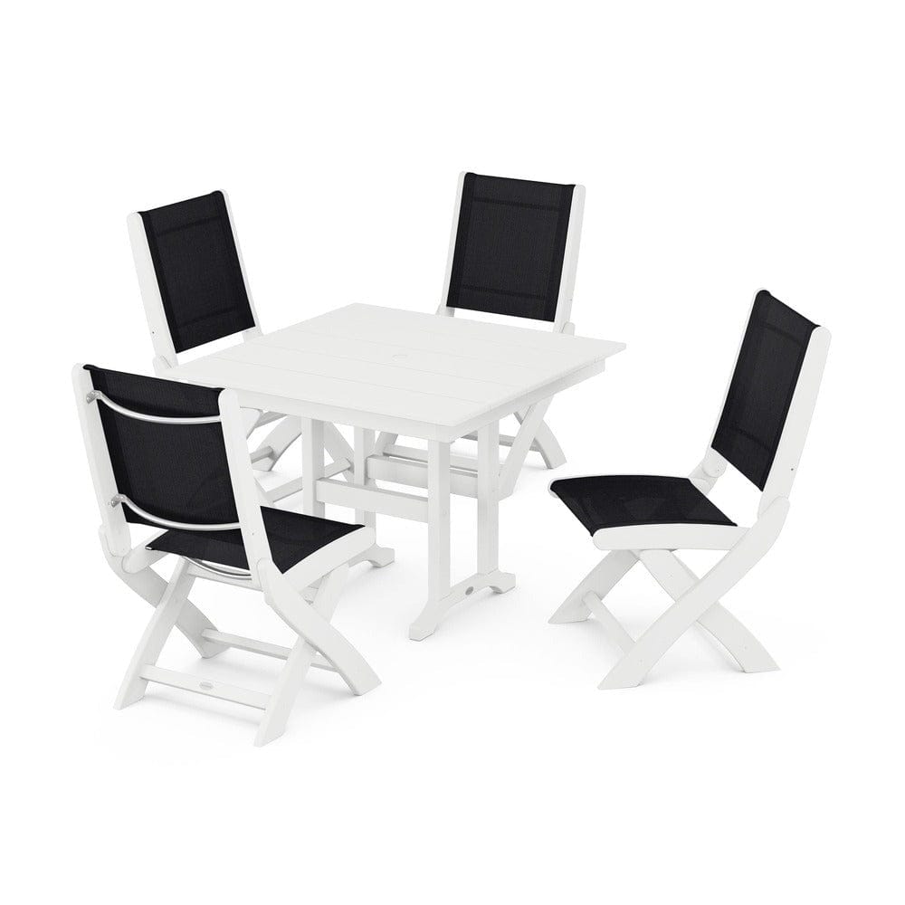 POLYWOOD® Outdoor Furniture White / Black Sling POLYWOOD® - Coastal Folding Side Chair 5-Piece Farmhouse Dining Set - PWS1143