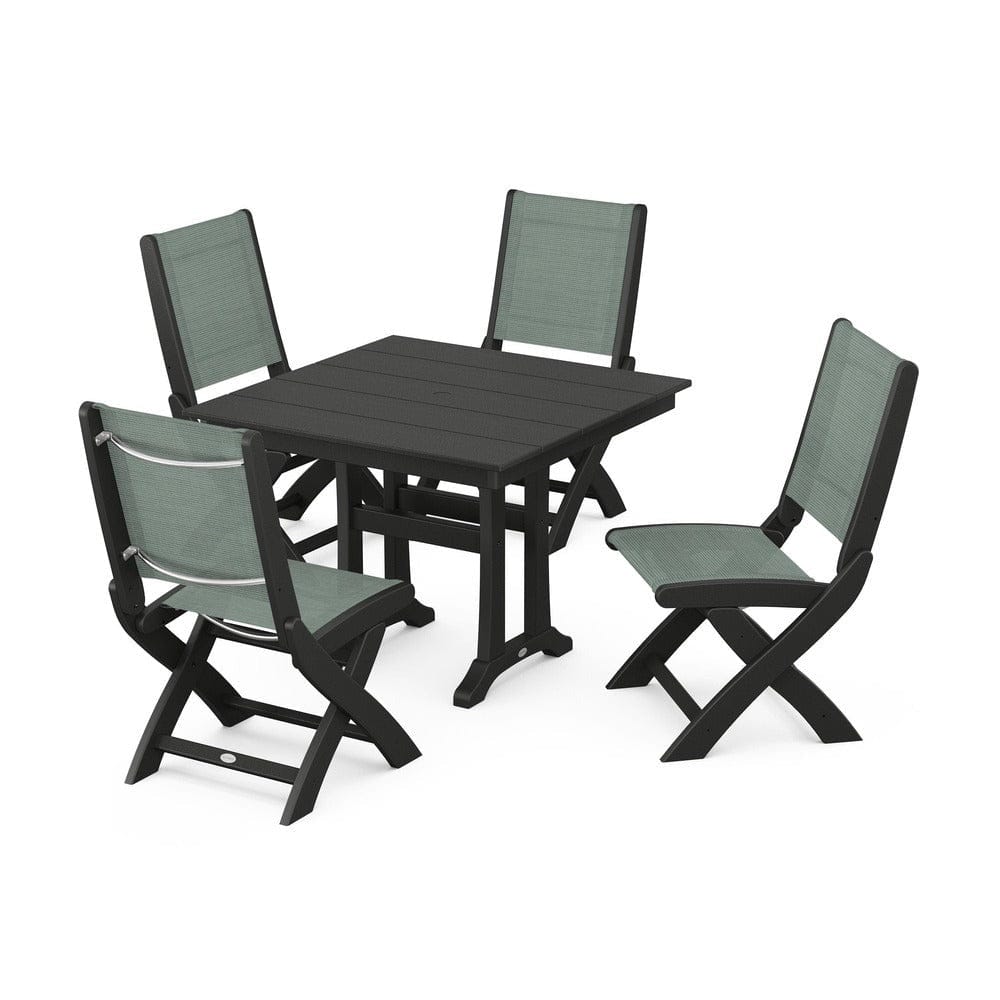 POLYWOOD® Outdoor Furniture Black / Dupioni Sea Mist Sling POLYWOOD® - Coastal Folding Side Chair 5-Piece Farmhouse Dining Set With Trestle Legs - PWS946