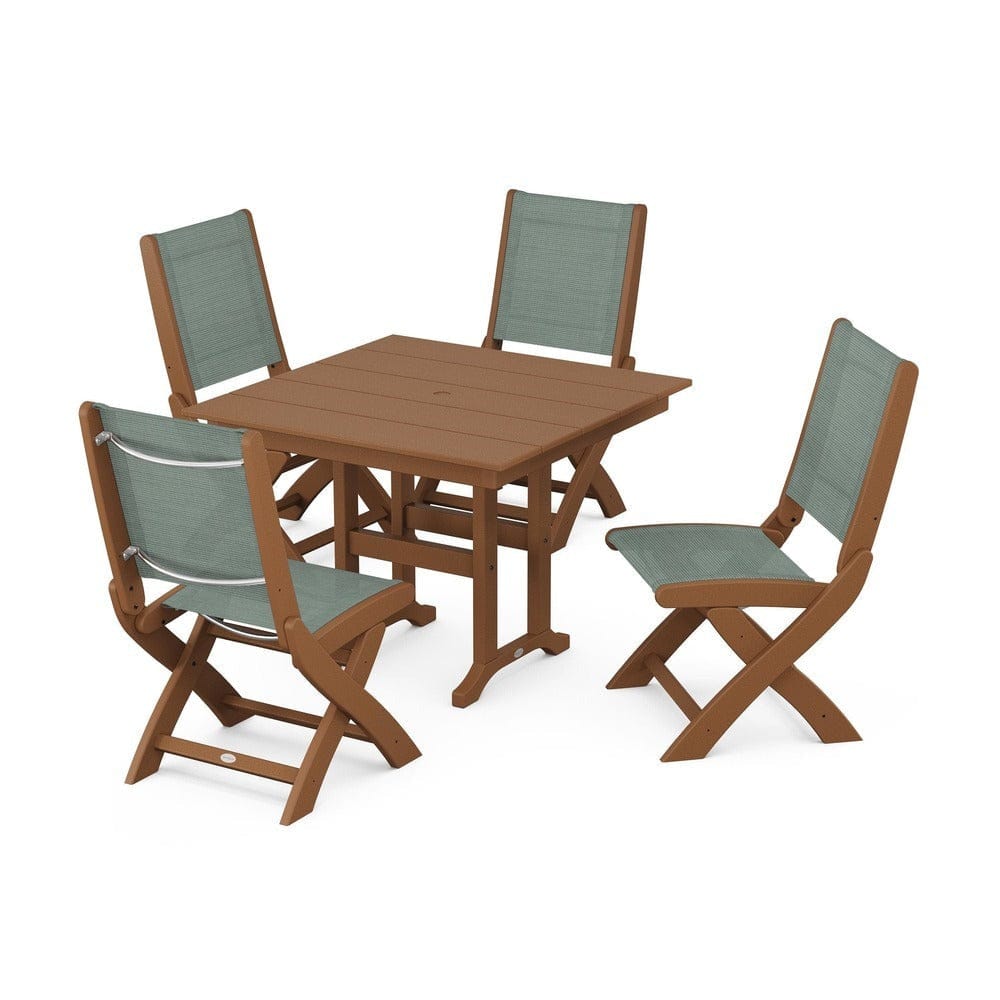 POLYWOOD® Outdoor Furniture Teak / Dupioni Sea Mist Sling POLYWOOD® - Coastal Folding Side Chair 5-Piece Farmhouse Dining Set - PWS1143