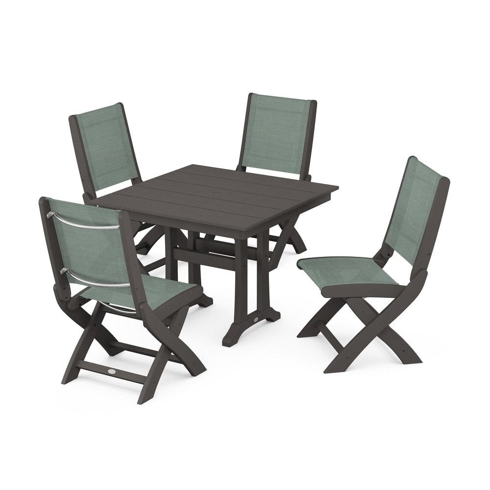POLYWOOD® Outdoor Furniture Vintage Coffee / Dupioni Sea Mist Sling POLYWOOD® - Coastal Folding Side Chair 5-Piece Farmhouse Dining Set With Trestle Legs - PWS946