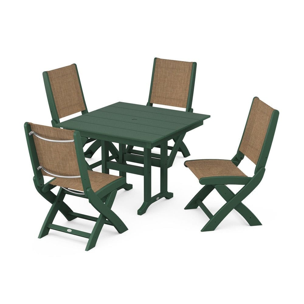 POLYWOOD® Outdoor Furniture Green / Burlap Sling POLYWOOD® - Coastal Folding Side Chair 5-Piece Farmhouse Dining Set - PWS1143