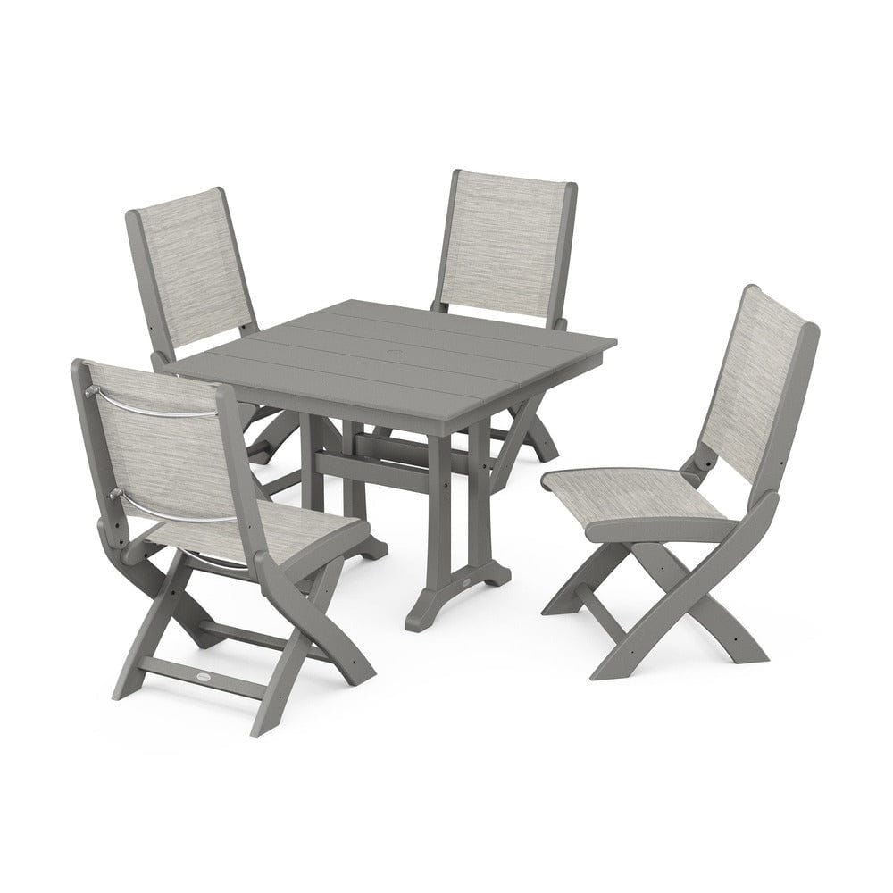 POLYWOOD® Outdoor Furniture Slate Grey / Birch Sling POLYWOOD® - Coastal Folding Side Chair 5-Piece Farmhouse Dining Set With Trestle Legs - PWS946
