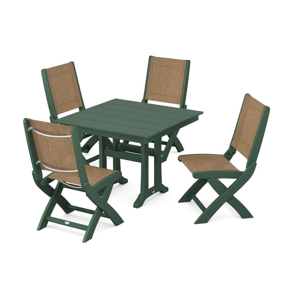 POLYWOOD® Outdoor Furniture Green / Burlap Sling POLYWOOD® - Coastal Folding Side Chair 5-Piece Farmhouse Dining Set With Trestle Legs - PWS946