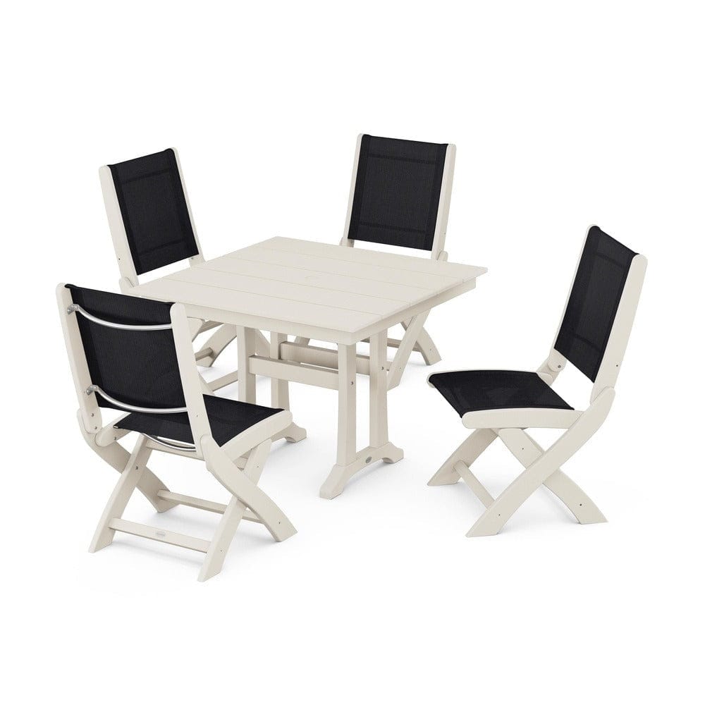 POLYWOOD® Outdoor Furniture Sand / Black Sling POLYWOOD® - Coastal Folding Side Chair 5-Piece Farmhouse Dining Set With Trestle Legs - PWS946