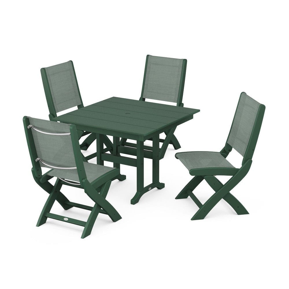 POLYWOOD® Outdoor Furniture Green / Dupioni Sea Mist Sling POLYWOOD® - Coastal Folding Side Chair 5-Piece Farmhouse Dining Set - PWS1143