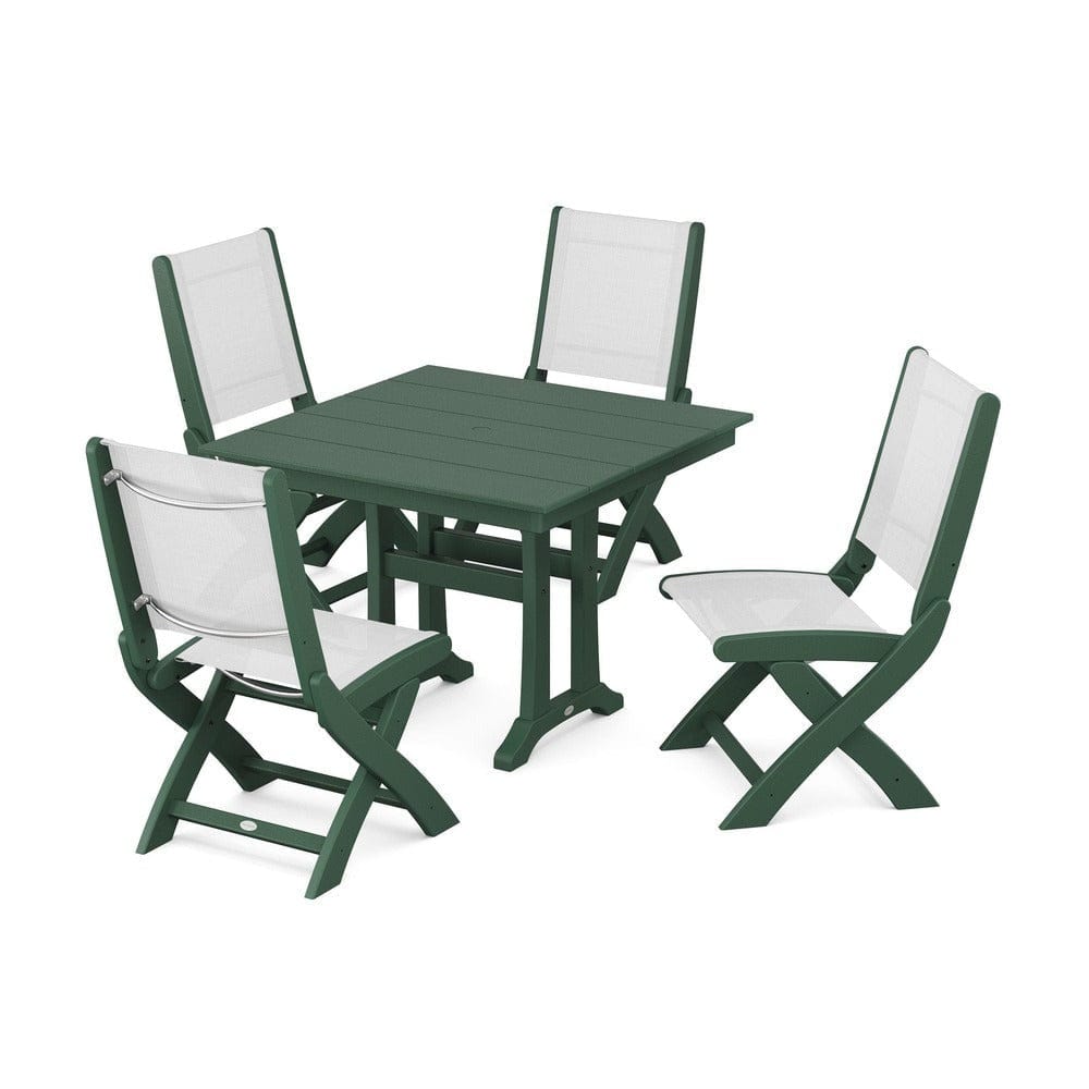 POLYWOOD® Outdoor Furniture Green / White Sling POLYWOOD® - Coastal Folding Side Chair 5-Piece Farmhouse Dining Set With Trestle Legs - PWS946