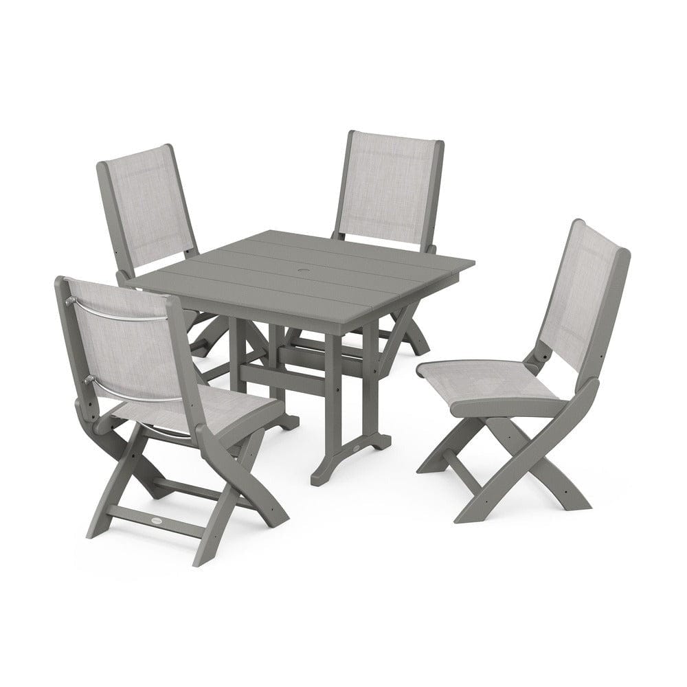 POLYWOOD® Outdoor Furniture Slate Grey / Parchment Sling POLYWOOD® - Coastal Folding Side Chair 5-Piece Farmhouse Dining Set - PWS1143