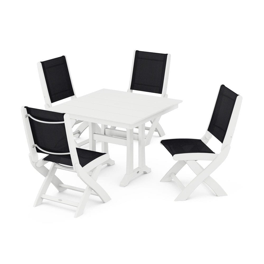 POLYWOOD® Outdoor Furniture White / Black Sling POLYWOOD® - Coastal Folding Side Chair 5-Piece Farmhouse Dining Set With Trestle Legs - PWS946