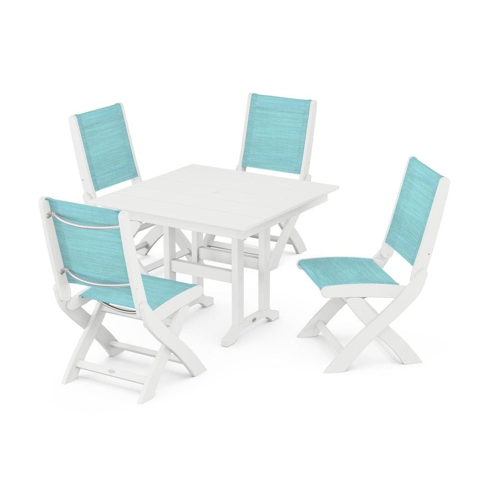 POLYWOOD® Outdoor Furniture White / Dupioni Aquamarine Sling POLYWOOD® - Coastal Folding Side Chair 5-Piece Farmhouse Dining Set - PWS1143