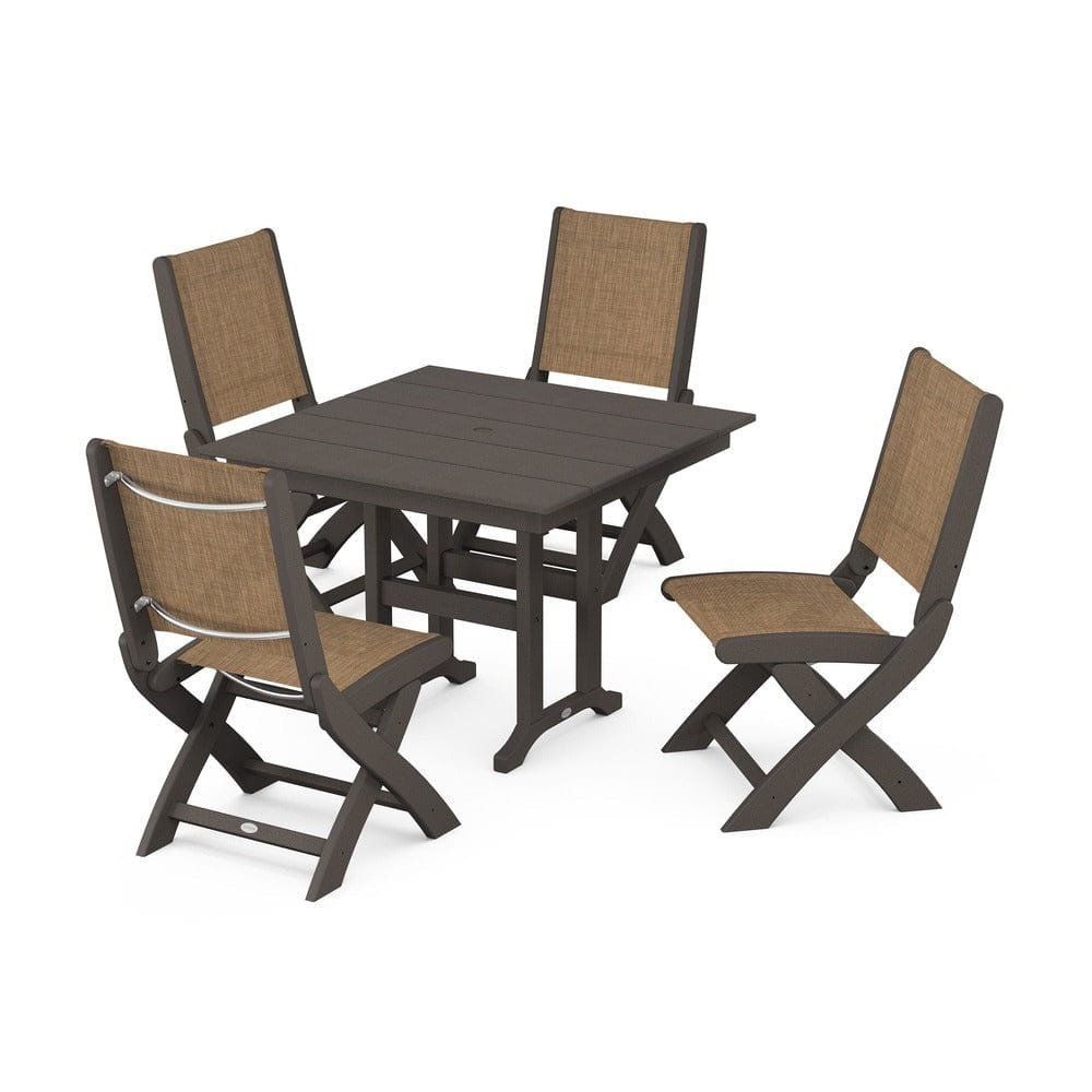 POLYWOOD® Outdoor Furniture Vintage Coffee / Burlap Sling POLYWOOD® - Coastal Folding Side Chair 5-Piece Farmhouse Dining Set - PWS1143