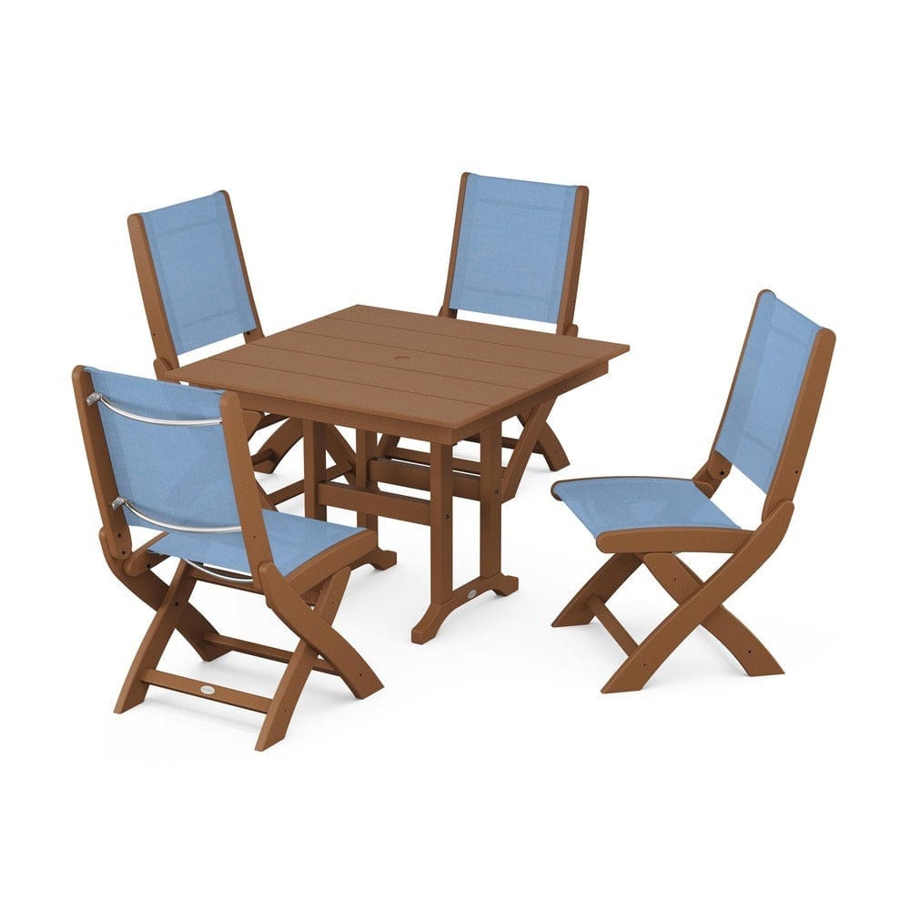 POLYWOOD® Outdoor Furniture Teak / Poolside Sling POLYWOOD® - Coastal Folding Side Chair 5-Piece Farmhouse Dining Set - PWS1143