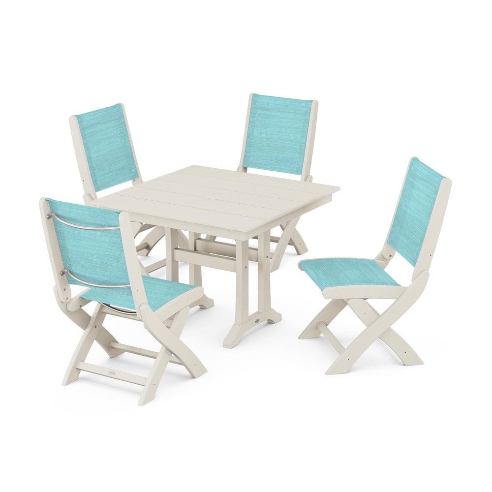 POLYWOOD® Outdoor Furniture Sand / Dupioni Aquamarine Sling POLYWOOD® - Coastal Folding Side Chair 5-Piece Farmhouse Dining Set With Trestle Legs - PWS946