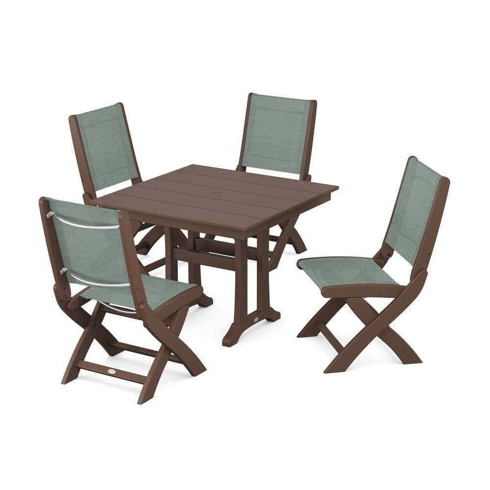 POLYWOOD® Outdoor Furniture Mahogany / Dupioni Sea Mist Sling POLYWOOD® - Coastal Folding Side Chair 5-Piece Farmhouse Dining Set With Trestle Legs - PWS946