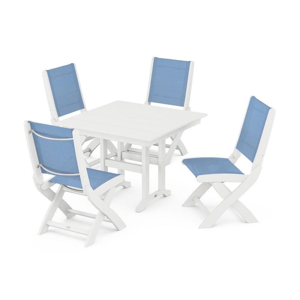 POLYWOOD® Outdoor Furniture White / Poolside Sling POLYWOOD® - Coastal Folding Side Chair 5-Piece Farmhouse Dining Set - PWS1143