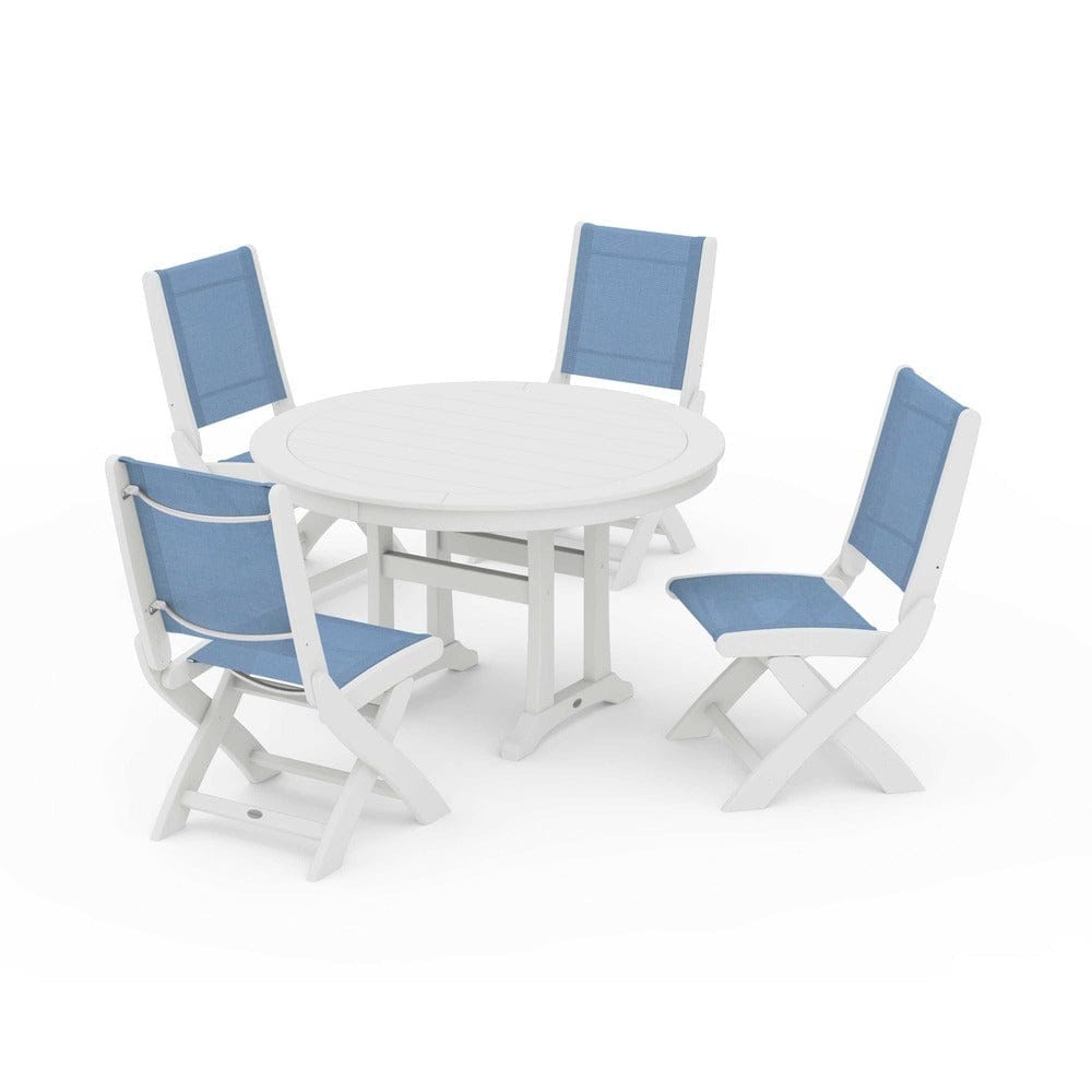 POLYWOOD® - Coastal Folding Side Chair 5-Piece Round Dining Set With Trestle Legs - PWS1121 Outdoor Furniture POLYWOOD®