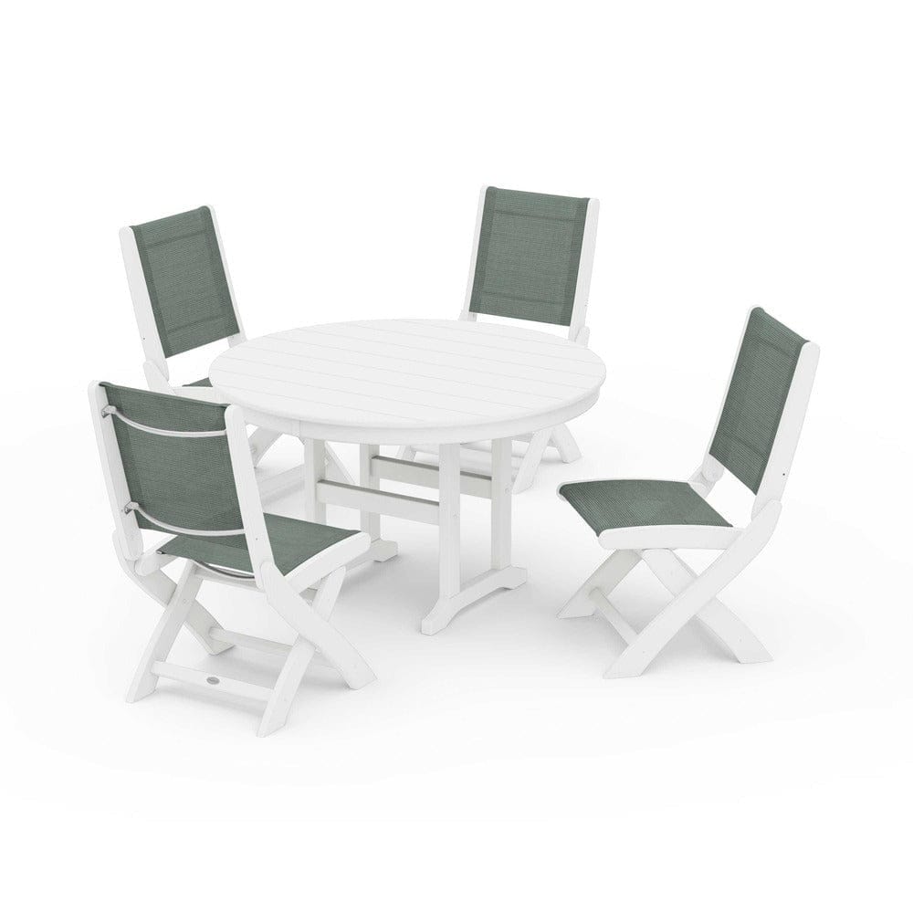 POLYWOOD® Outdoor Furniture White / Dupioni Sea Mist Sling POLYWOOD® - Coastal Folding Side Chair 5-Piece Round Dining Set - PWS1358