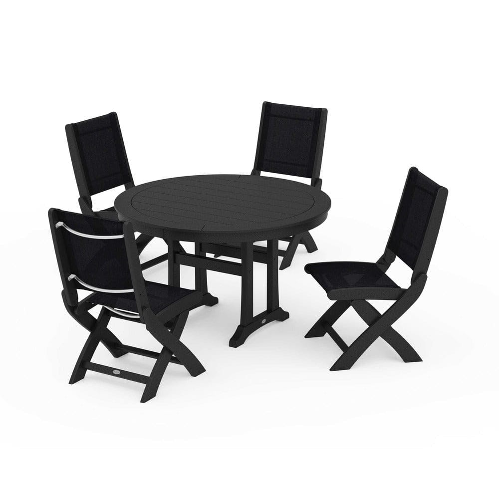 POLYWOOD® Outdoor Furniture Black / Black Sling POLYWOOD® - Coastal Folding Side Chair 5-Piece Round Dining Set With Trestle Legs - PWS1121