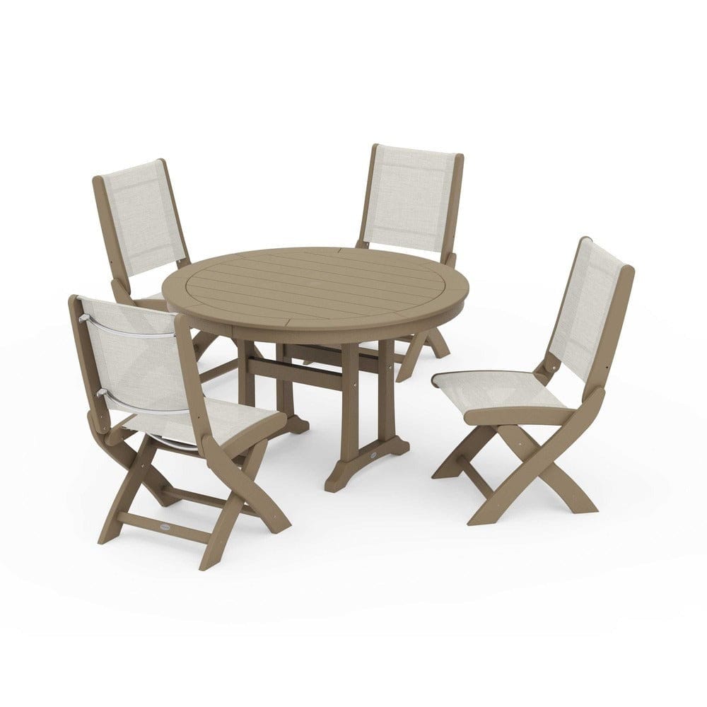 POLYWOOD® Outdoor Furniture Vintage Sahara / Parchment Sling POLYWOOD® - Coastal Folding Side Chair 5-Piece Round Dining Set With Trestle Legs - PWS1121