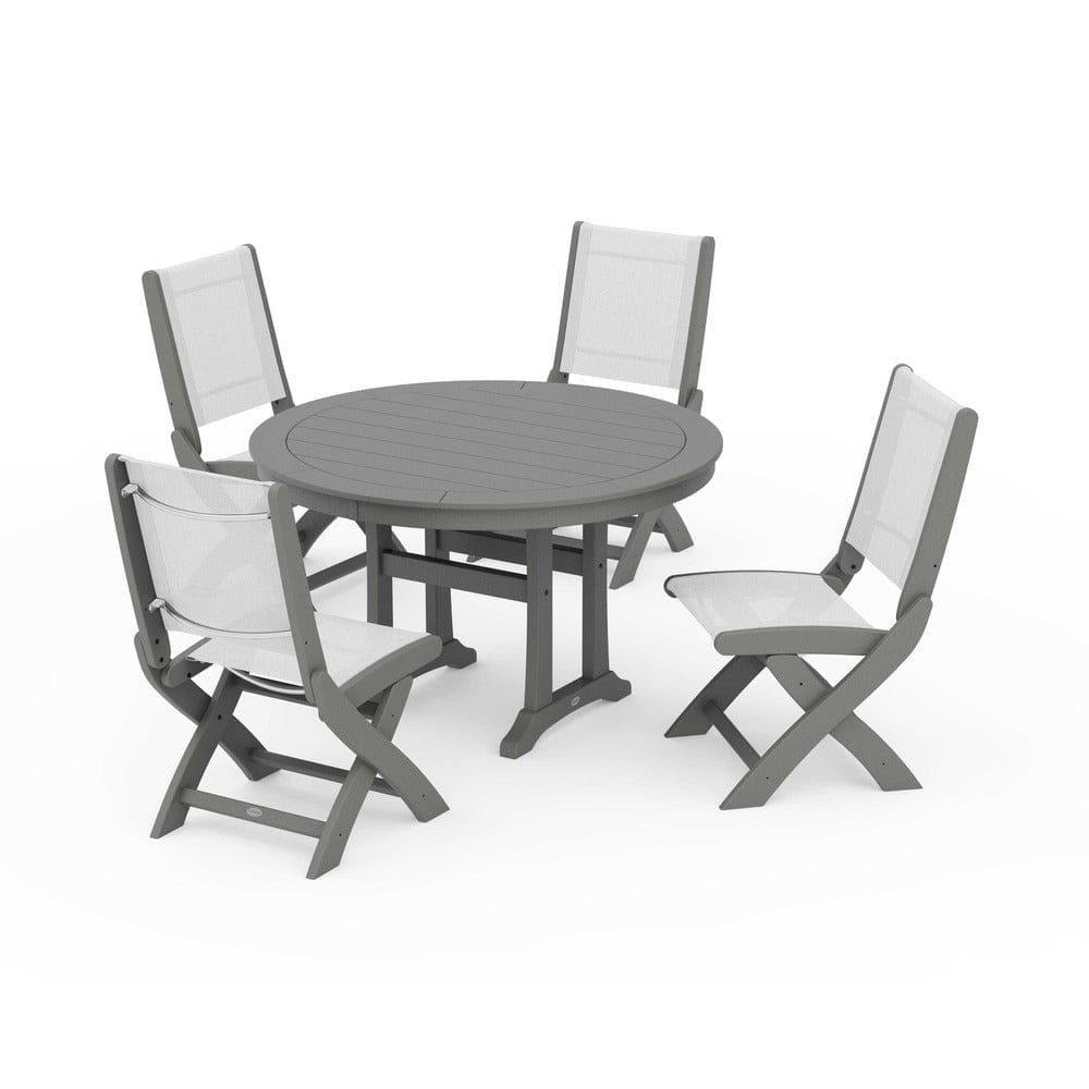 POLYWOOD® Outdoor Furniture Slate Grey / White Sling POLYWOOD® - Coastal Folding Side Chair 5-Piece Round Dining Set With Trestle Legs - PWS1121