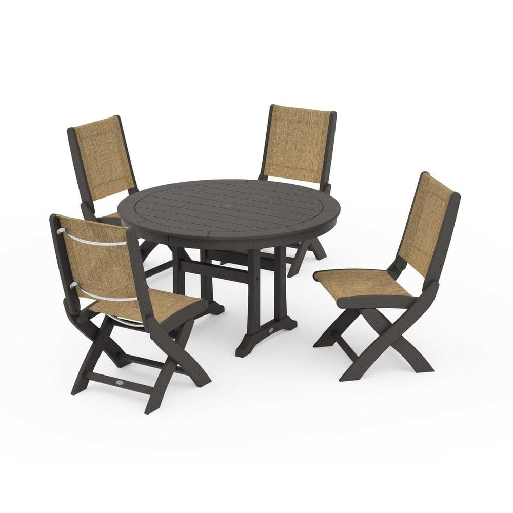 POLYWOOD® Outdoor Furniture Vintage Coffee / Burlap Sling POLYWOOD® - Coastal Folding Side Chair 5-Piece Round Dining Set With Trestle Legs - PWS1121