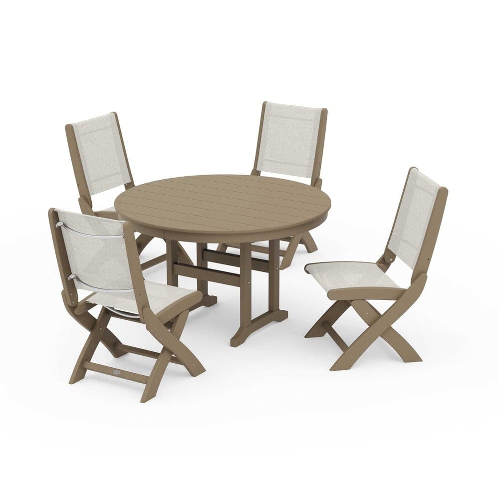 POLYWOOD® Outdoor Furniture Vintage Sahara / Parchment Sling POLYWOOD® - Coastal Folding Side Chair 5-Piece Round Dining Set - PWS1358