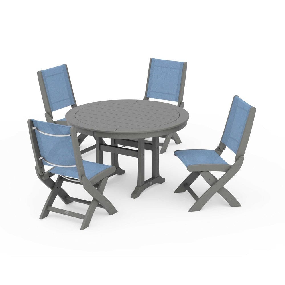 POLYWOOD® Outdoor Furniture Slate Grey / Poolside Sling POLYWOOD® - Coastal Folding Side Chair 5-Piece Round Dining Set With Trestle Legs - PWS1121