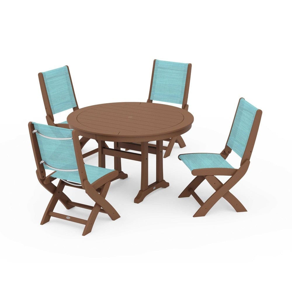 POLYWOOD® Outdoor Furniture Teak / Dupioni Aquamarine Sling POLYWOOD® - Coastal Folding Side Chair 5-Piece Round Dining Set With Trestle Legs - PWS1121
