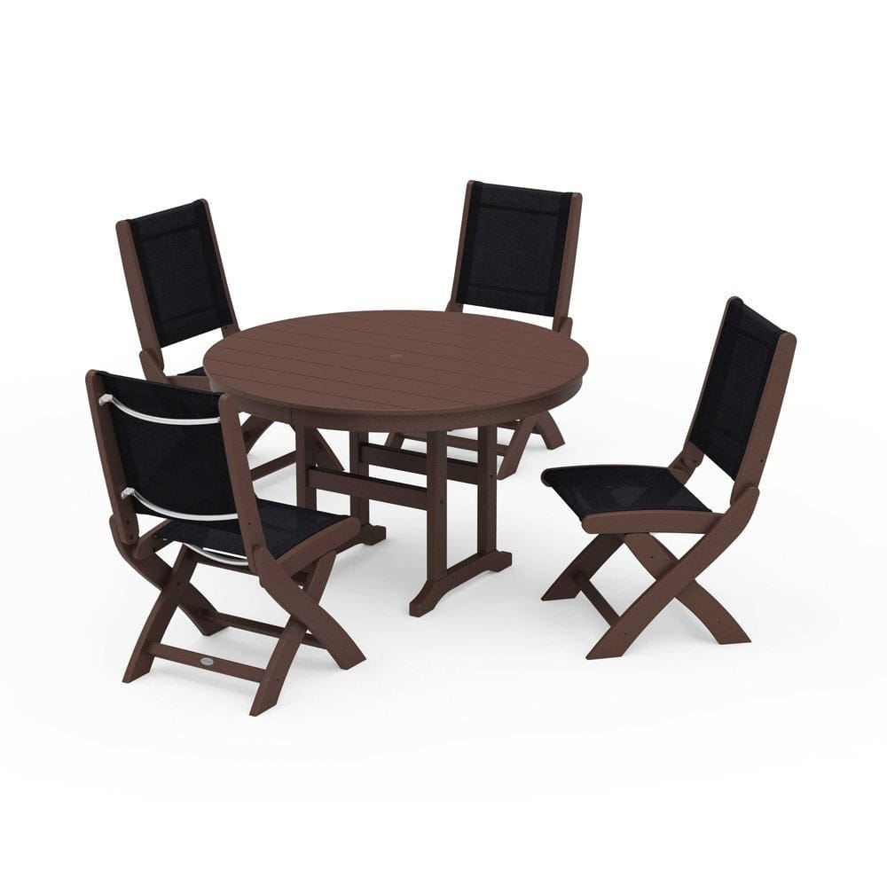 POLYWOOD® Outdoor Furniture Mahogany / Black Sling POLYWOOD® - Coastal Folding Side Chair 5-Piece Round Dining Set - PWS1358