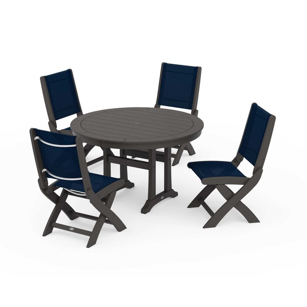 POLYWOOD® Outdoor Furniture Vintage Coffee / Navy Blue Sling POLYWOOD® - Coastal Folding Side Chair 5-Piece Round Dining Set With Trestle Legs - PWS1121