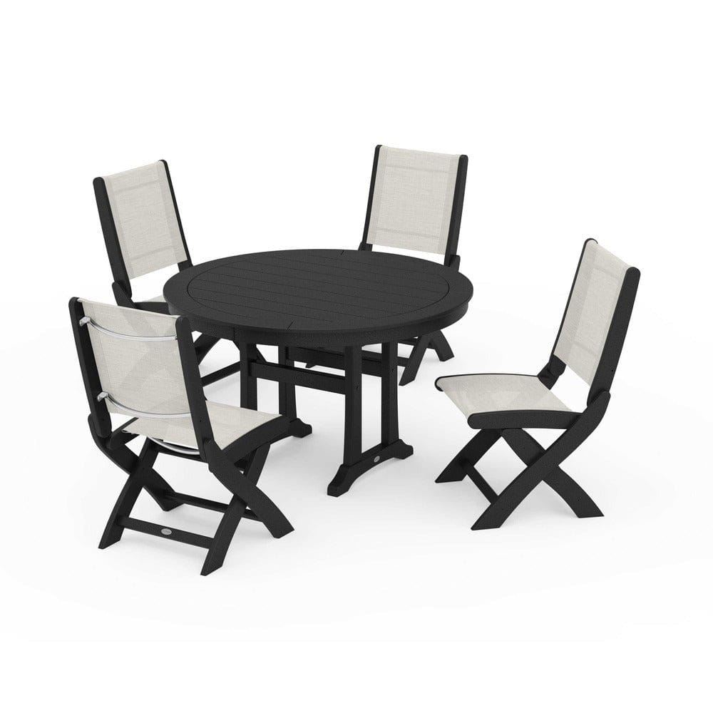 POLYWOOD® Outdoor Furniture Black / Parchment Sling POLYWOOD® - Coastal Folding Side Chair 5-Piece Round Dining Set With Trestle Legs - PWS1121