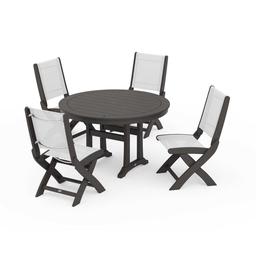 POLYWOOD® Outdoor Furniture Vintage Coffee / White Sling POLYWOOD® - Coastal Folding Side Chair 5-Piece Round Dining Set With Trestle Legs - PWS1121