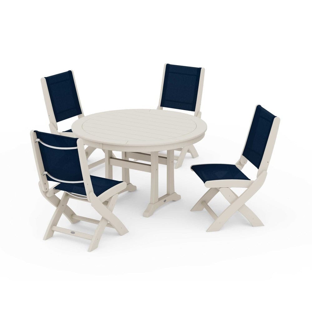 POLYWOOD® Outdoor Furniture Sand / Navy Blue Sling POLYWOOD® - Coastal Folding Side Chair 5-Piece Round Dining Set With Trestle Legs - PWS1121