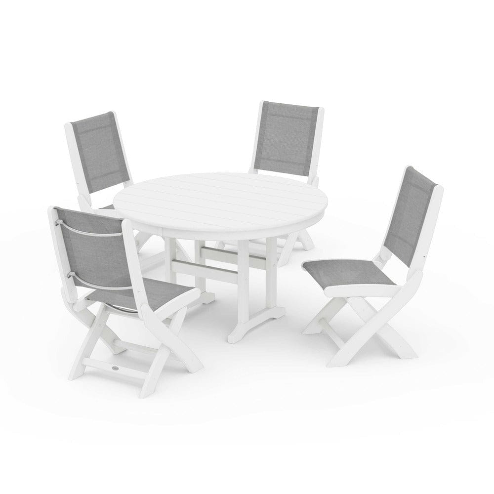 POLYWOOD® Outdoor Furniture White / Metallic Sling POLYWOOD® - Coastal Folding Side Chair 5-Piece Round Dining Set - PWS1358