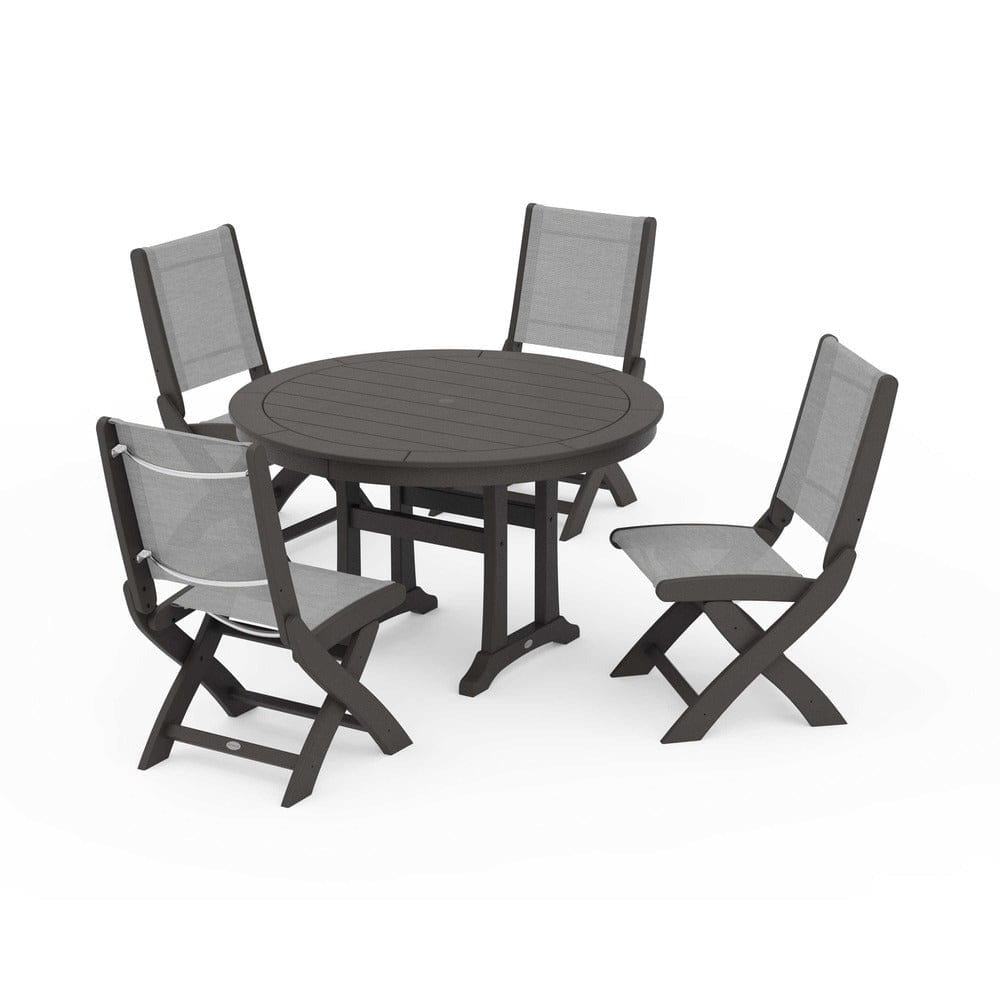 POLYWOOD® Outdoor Furniture Vintage Coffee / Metallic Sling POLYWOOD® - Coastal Folding Side Chair 5-Piece Round Dining Set With Trestle Legs - PWS1121