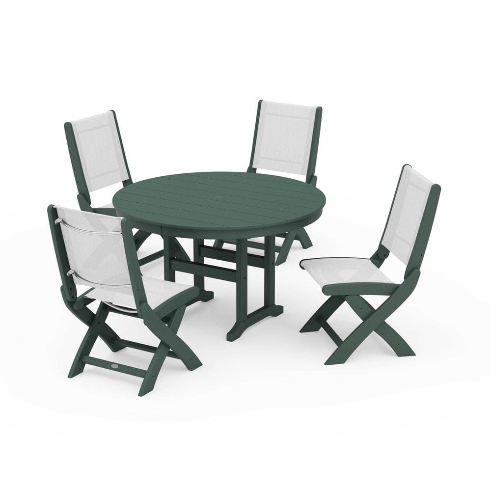 POLYWOOD® Outdoor Furniture Green / White Sling POLYWOOD® - Coastal Folding Side Chair 5-Piece Round Dining Set - PWS1358