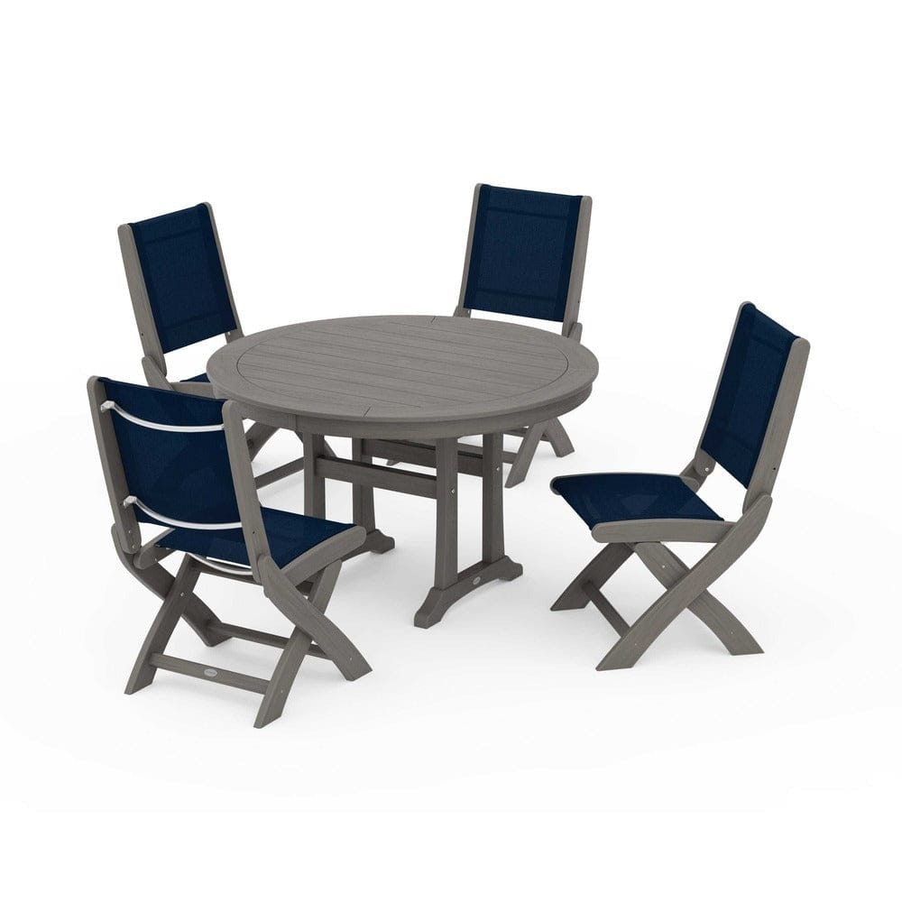 POLYWOOD® Outdoor Furniture POLYWOOD® - Coastal Folding Side Chair 5-Piece Round Dining Set With Trestle Legs - PWS1121