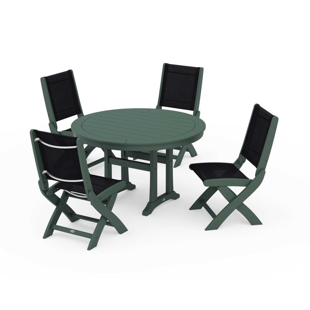 POLYWOOD® Outdoor Furniture Green / Black Sling POLYWOOD® - Coastal Folding Side Chair 5-Piece Round Dining Set With Trestle Legs - PWS1121