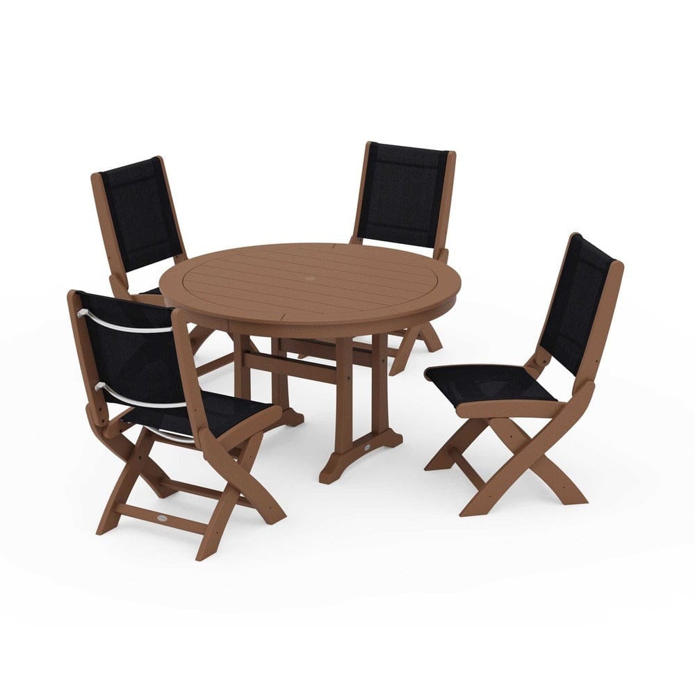POLYWOOD® Outdoor Furniture Teak / Black Sling POLYWOOD® - Coastal Folding Side Chair 5-Piece Round Dining Set With Trestle Legs - PWS1121