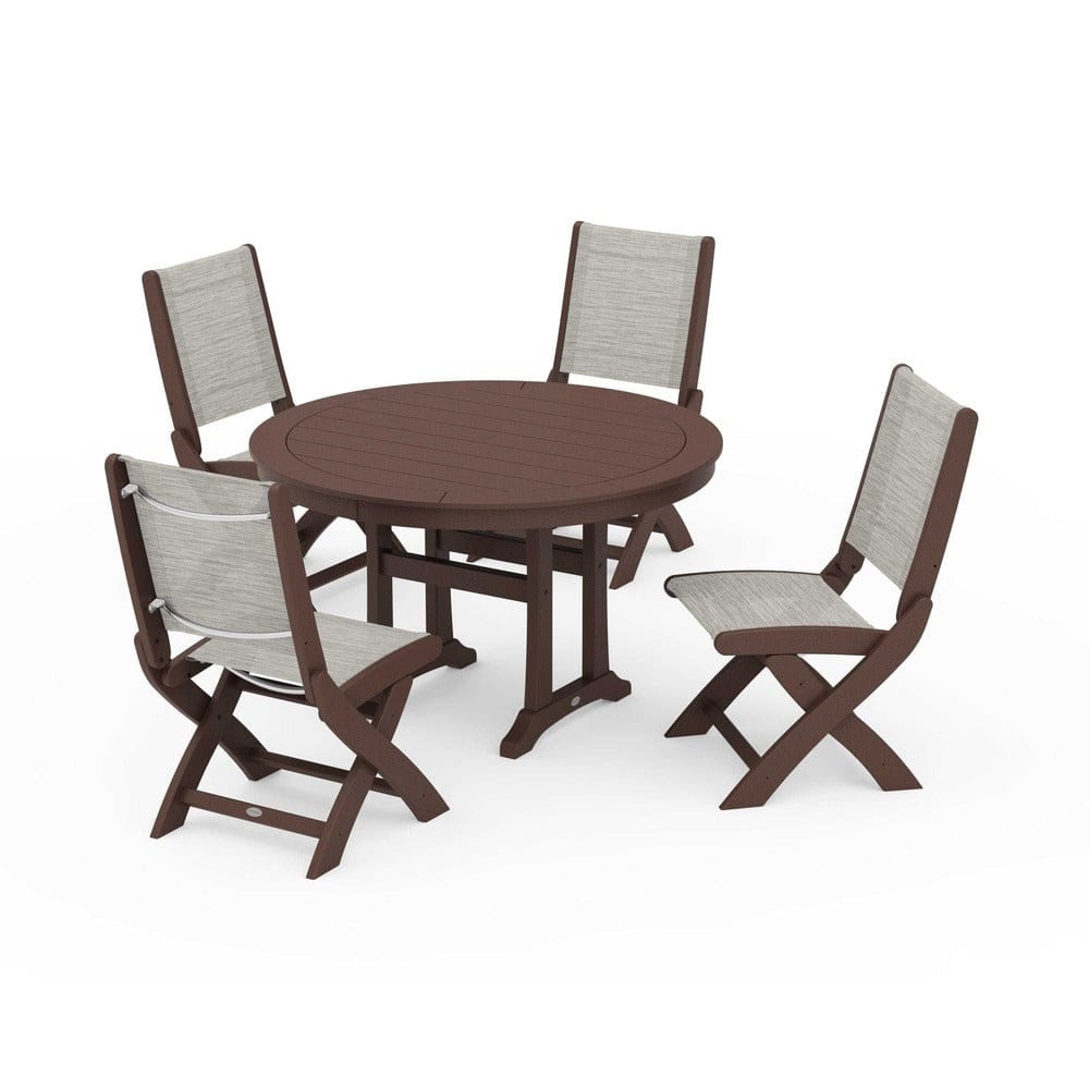 POLYWOOD® Outdoor Furniture Mahogany / Birch Sling POLYWOOD® - Coastal Folding Side Chair 5-Piece Round Dining Set With Trestle Legs - PWS1121
